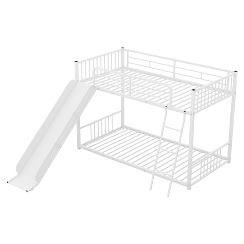 Twin Over Twin Low Bunk Bed with Slide and Ladder Y31530