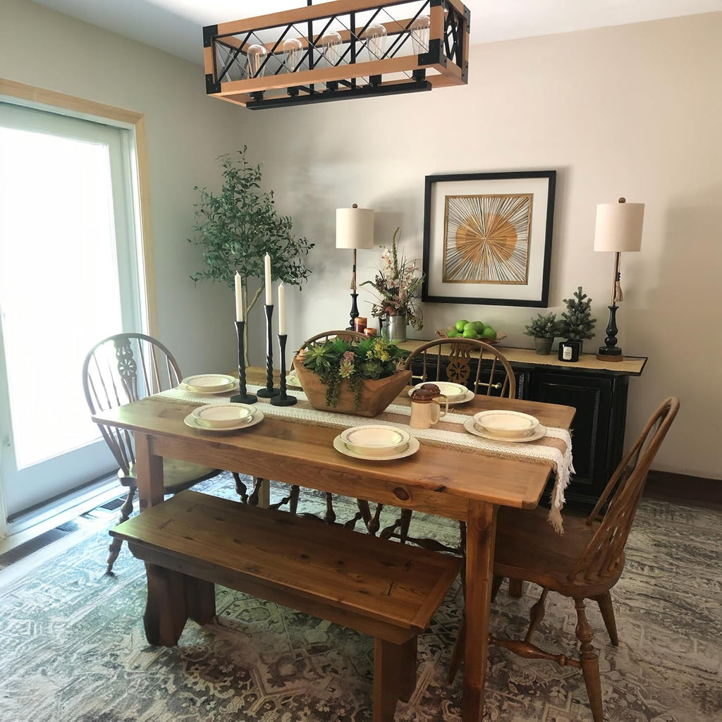 Solid Wood Rustic Farmhouse Dining Table with Breadboard Ends (5', Light Natural) A12274