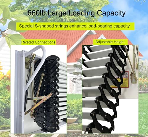 Attic Ladder 13 Steps Telescoping Folding Ladder, 31.5 x 35.4 Inch, 10.5 ft Height, 660lb Capacity V4406