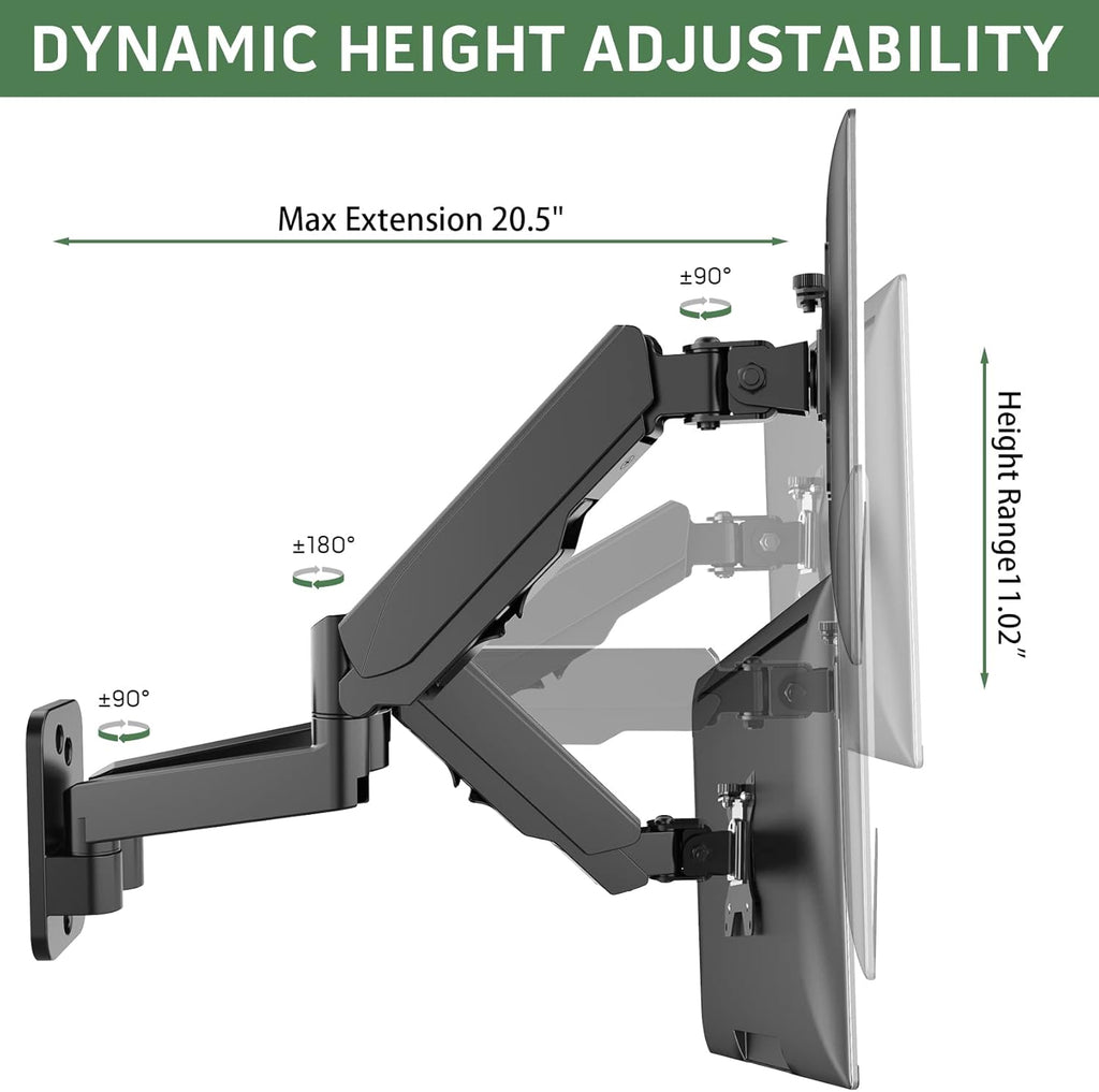 Dual Monitor Wall Mount for Two 17-32 inch Flat/Curved Screens, Height Adjustable Gas Spring, VESA 75/100 S619005