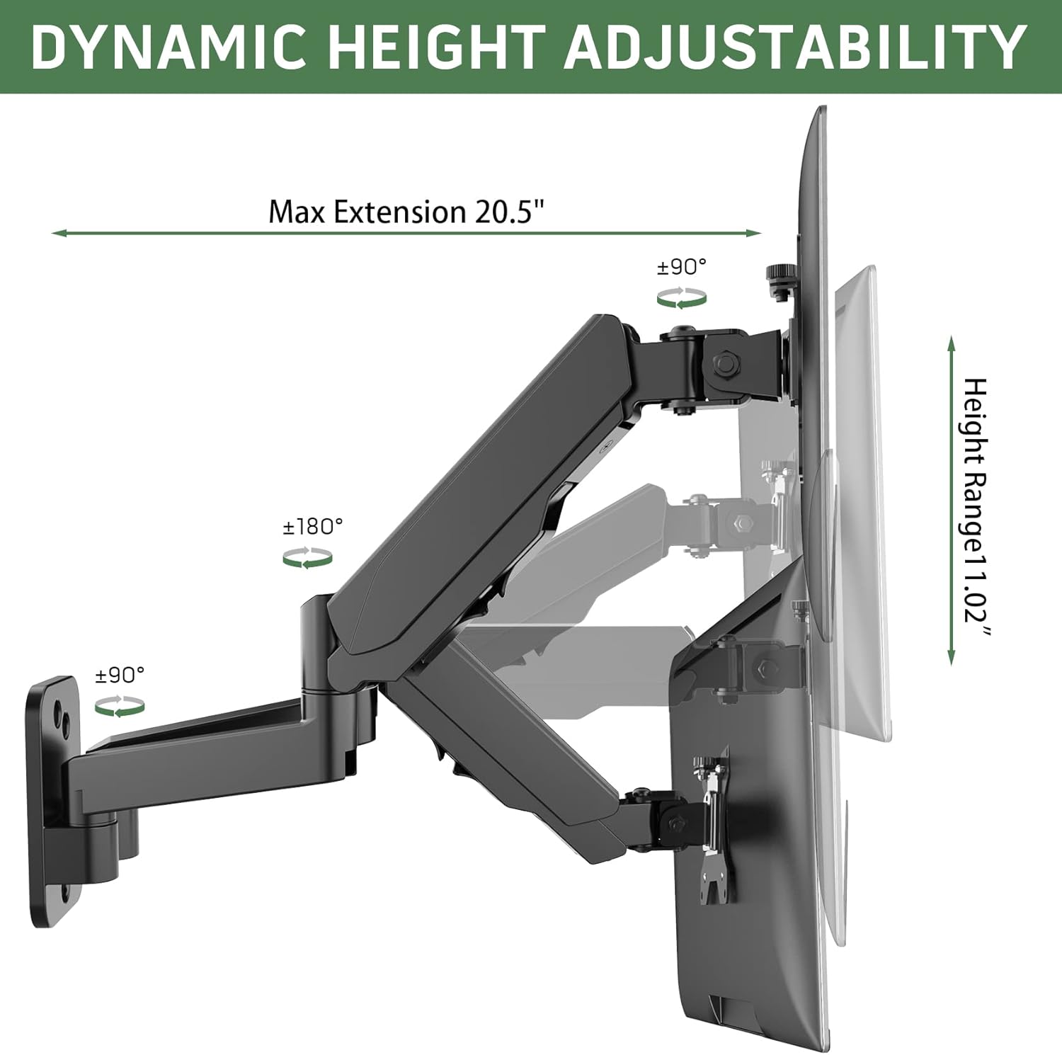 Dual Monitor Wall Mount for Two 17-32 inch Flat/Curved Screens, Height Adjustable Gas Spring, VESA 75/100 S619005