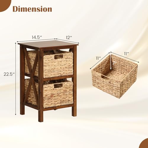 2-Tier Nightstand with Wicker Baskets Set of 2, Walnut U37222