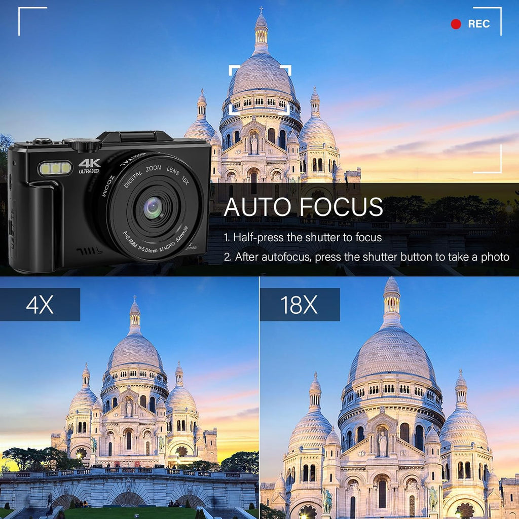 64MP 4K Digital Camera with 18X Zoom, 3.0 inch Flip Screen, 32GB SD Card, 2 Batteries H24924