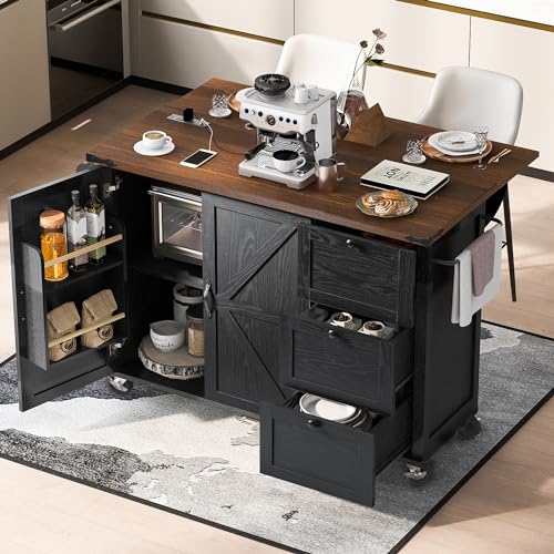 Black Rolling Kitchen Island Cart with Storage, 2 Drawers, 2 Cabinet Z5130