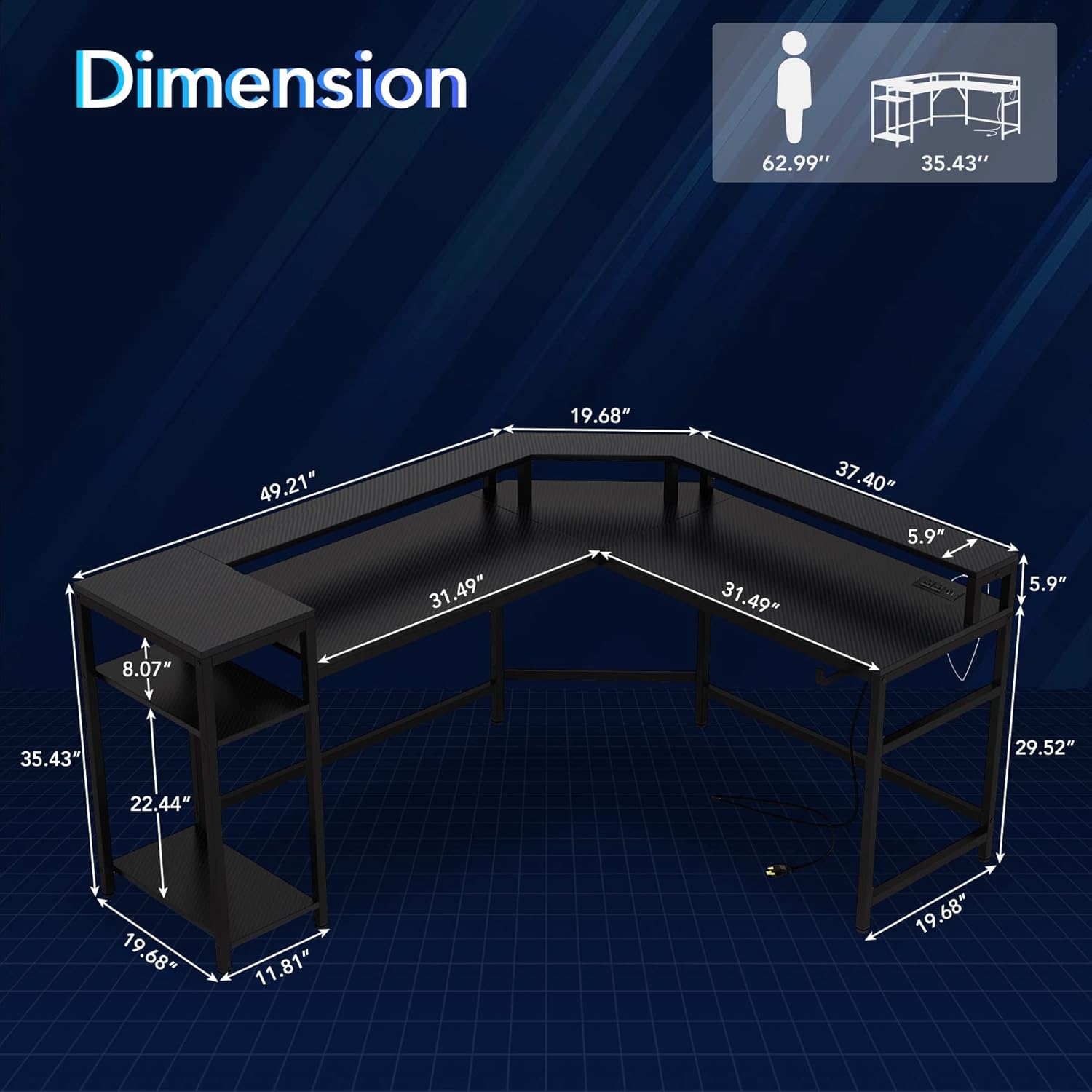 Black L Shaped Gaming Desk with Power Outlet & LED Stripe E35660