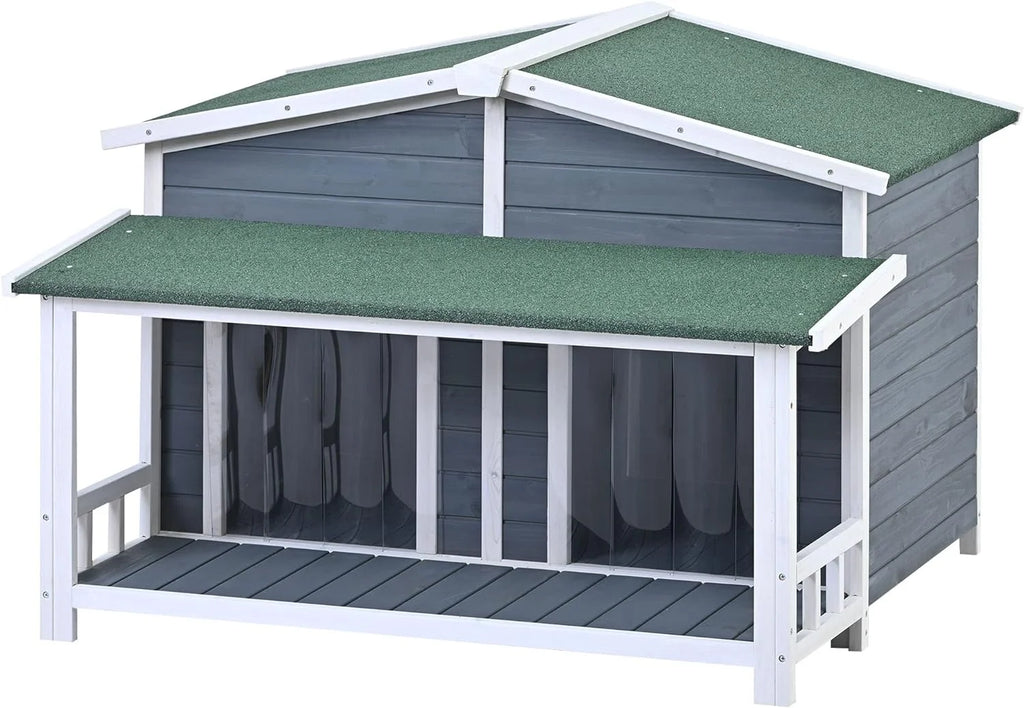 Gray Green Wooden Dog House with Porch 2 Doors S412