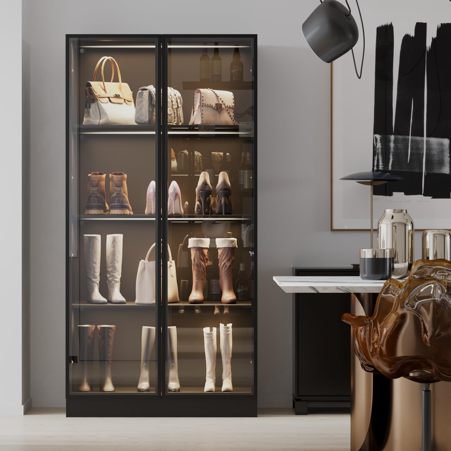 Black 4-Tier Display Cabinet with Glass Doors & Lights M9225