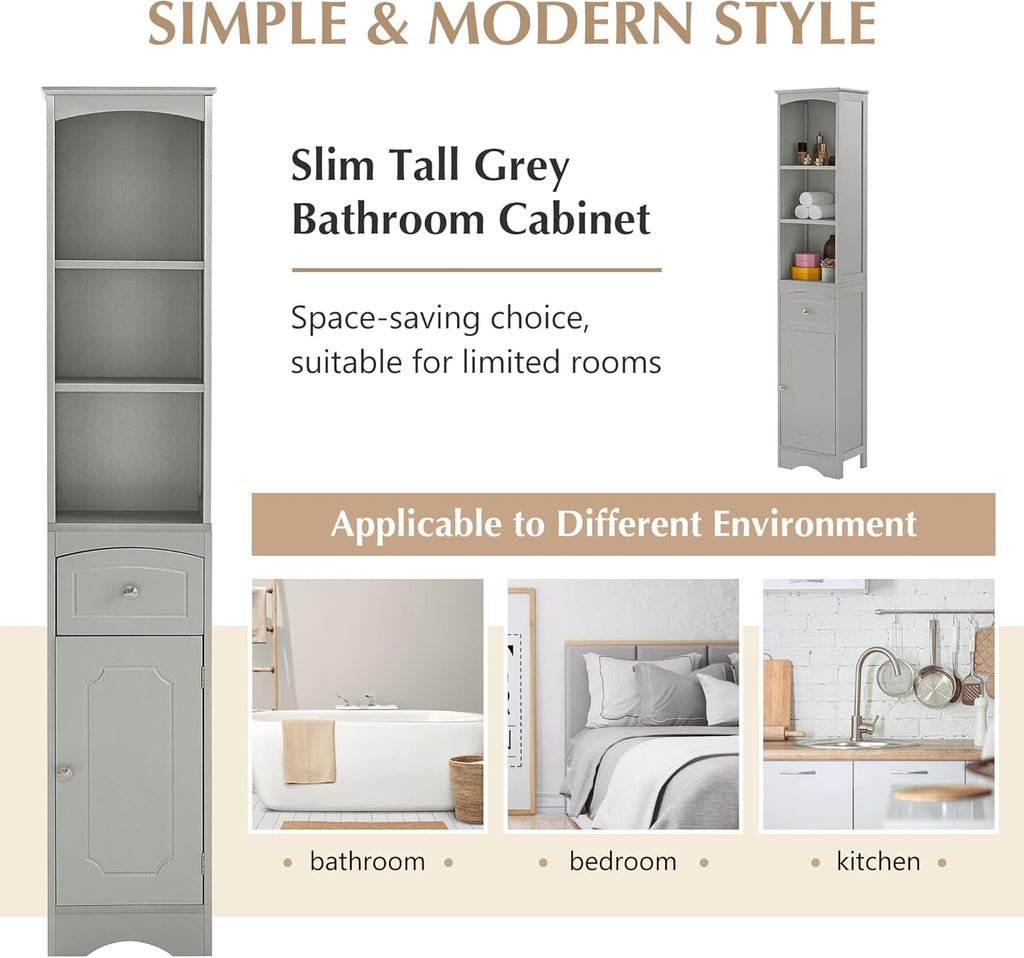 Grey Tall Slim Bathroom Storage Cabinet with 3-Tier Adjustable Shelf and 1 Drawer S365