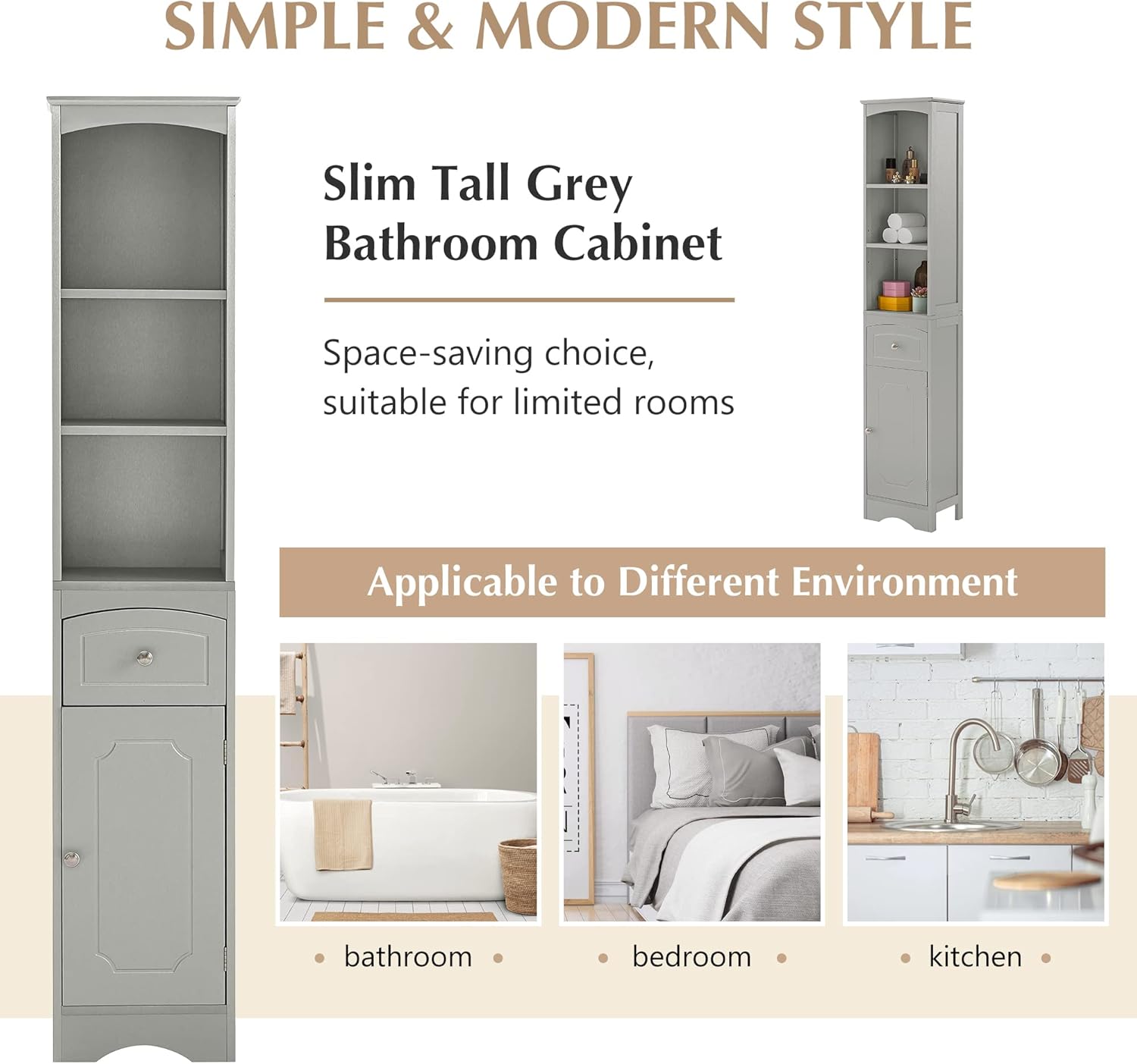 Grey Tall Slim Bathroom Storage Cabinet with 3-Tier Adjustable Shelf and 1 Drawer S365