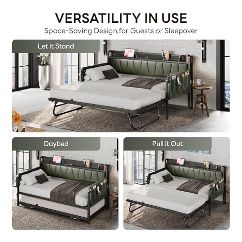 Grey Twin Daybed with Trundle Bed and Storage Headboard W66533