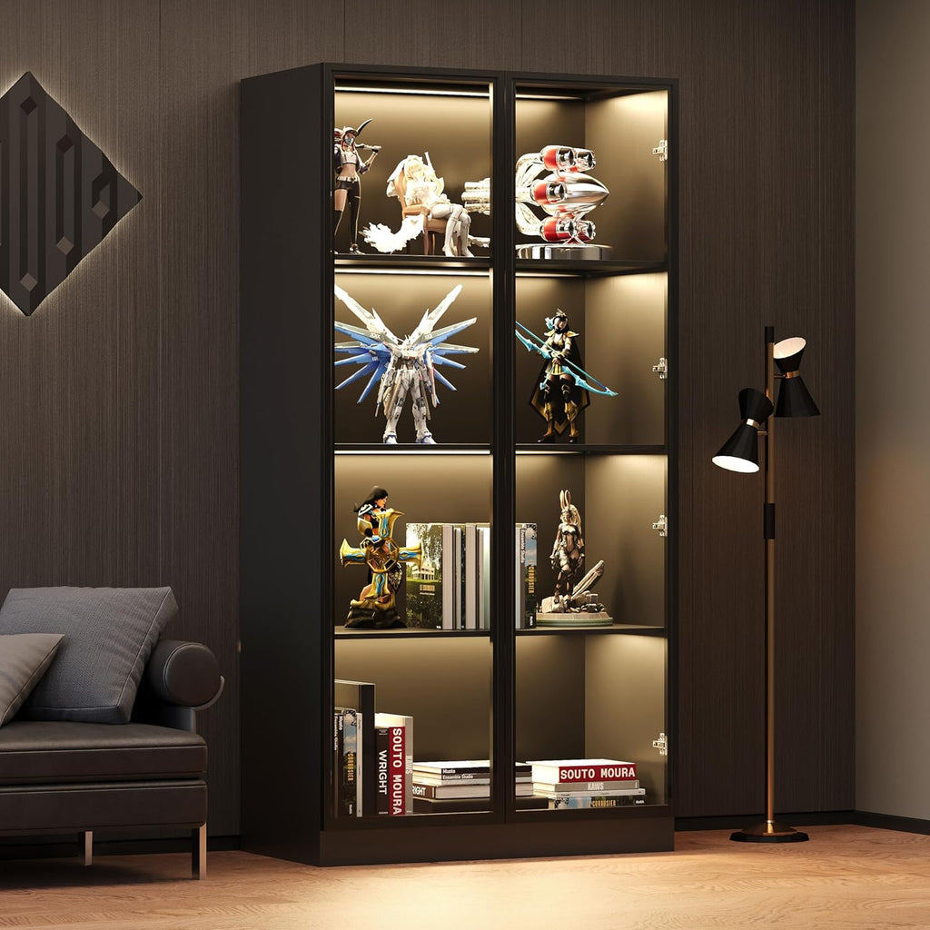 Black 4-Tier Display Cabinet with Glass Doors & Lights M9225