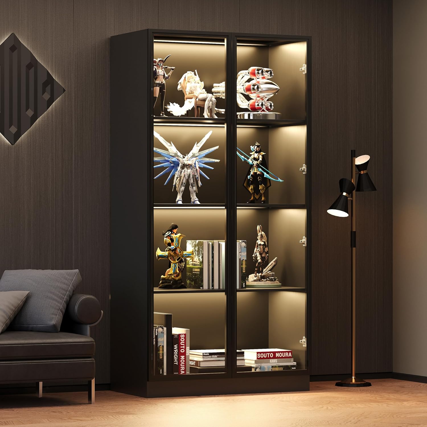Black 4-Tier Display Cabinet with Glass Doors & Lights M9225