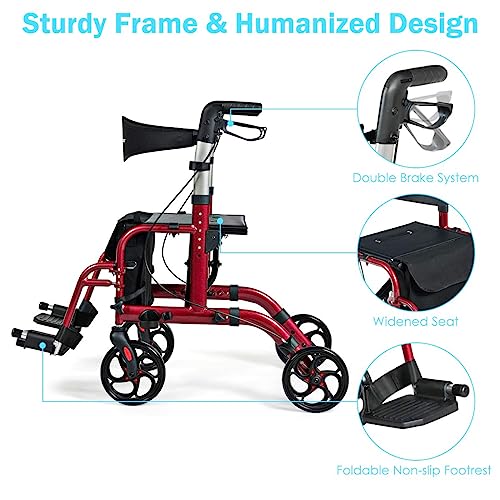 2 in 1 Folding Rollator Walker with Seat, 8-inch Wheel, Aluminium Frame T459861