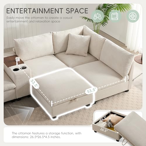Oversized Modular Sectional Sofa with Storage Ottoman and Console, Gray W2490