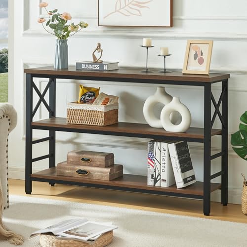 47" Industrial 3-Tier Metal Console Table with Shelves, Brown Z1048