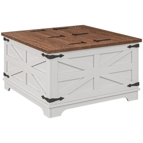Distressed White & Brown Square Storage Coffee Table with Hinged Lift Top V924299