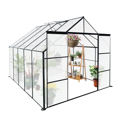 8x10FT Heavy-Duty Walk-in Greenhouse with Double Sliding Doors, Polycarbonate Panels, Aluminum Frame, Black X6013
