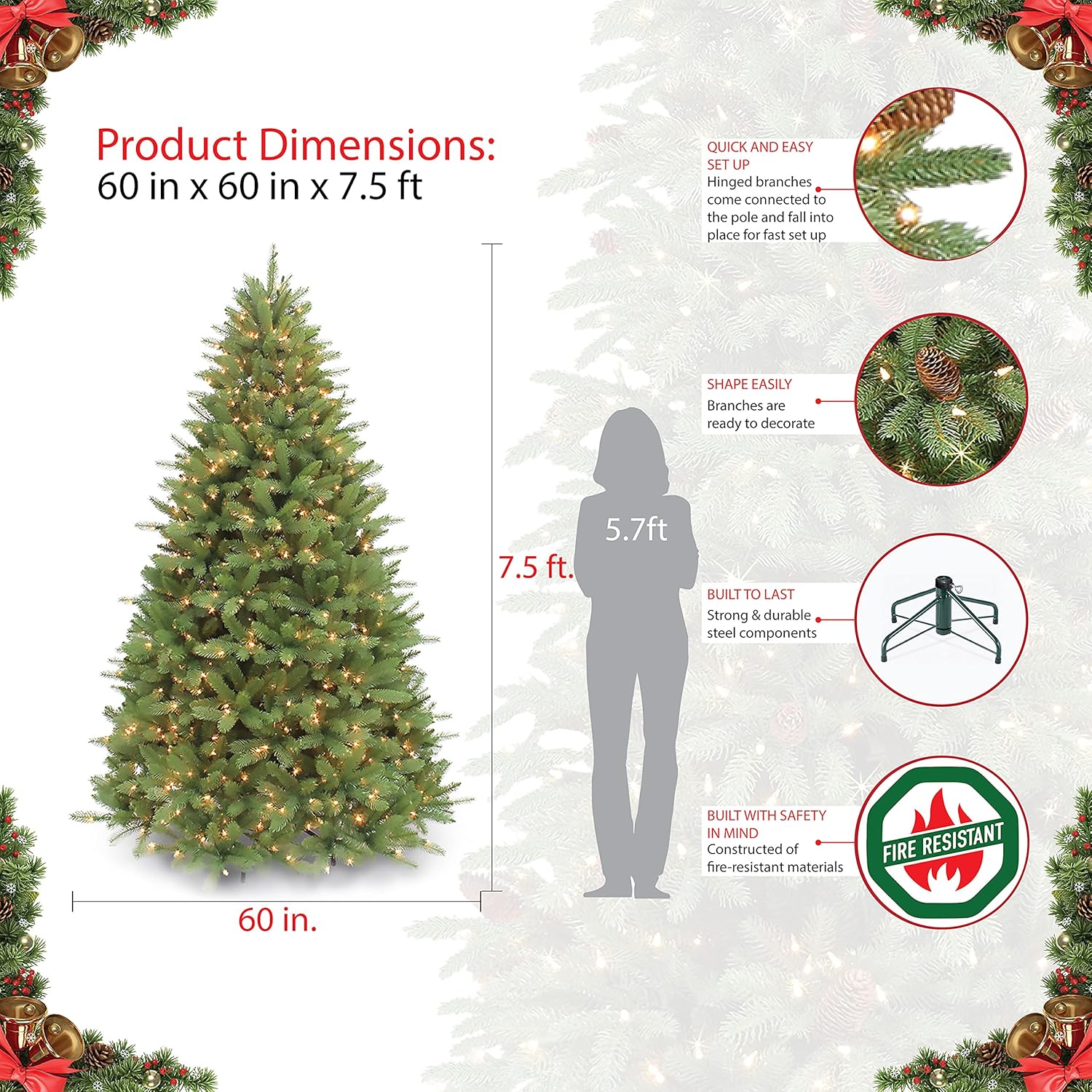 7.5 Foot Pre-Lit Artificial Christmas Tree with 800 Clear Lights, Green B7689