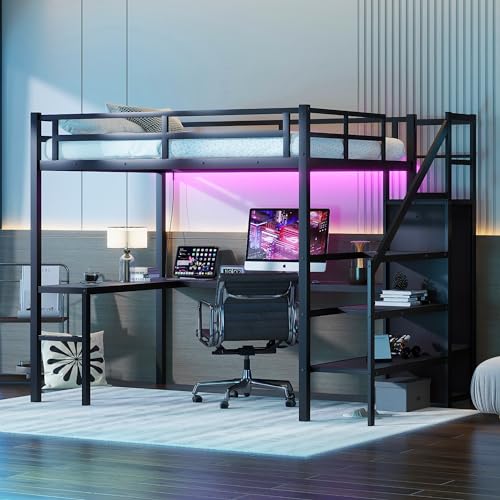 Black Full Size Gaming Loft Bed with Desk and Shelves P77710