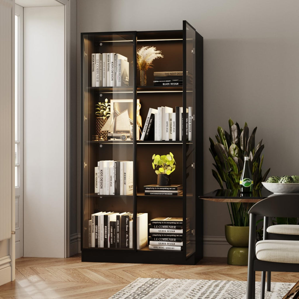 Black 4-Tier Display Cabinet with Glass Doors & Lights M9225