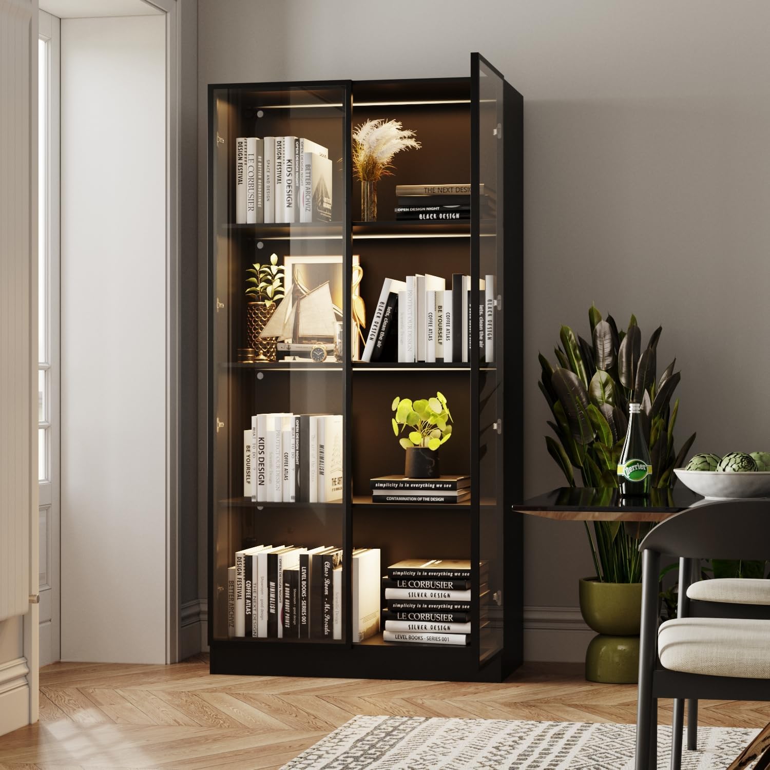 Black 4-Tier Display Cabinet with Glass Doors & Lights M9225