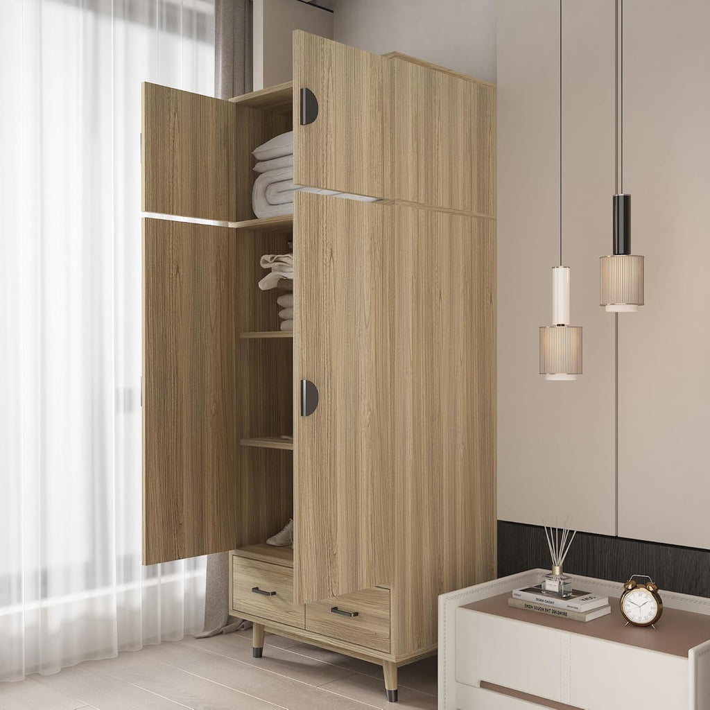 Oak 2-Door Wood Wardrobe Closet with 2 Drawers and Hanging Rod B948