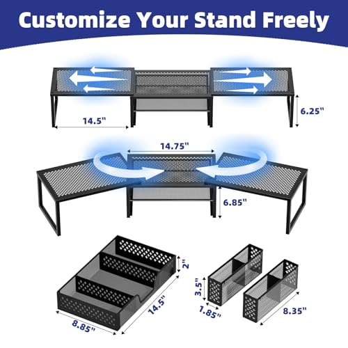 Black Dual Metal Monitor Stand Riser with Drawer and Pen Holder F8890