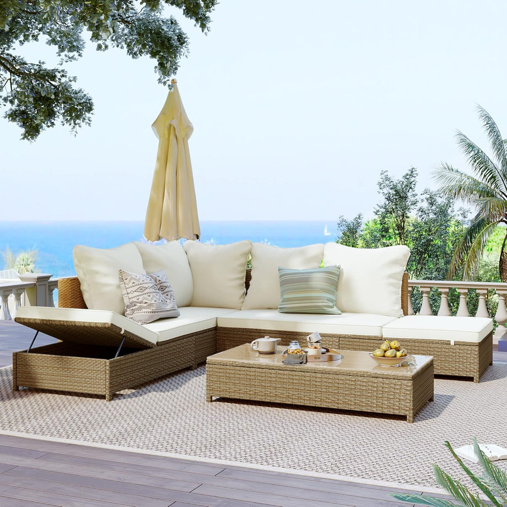 3-Piece PE Rattan Wicker Sectional Sofa Set with Tempered Glass Table H74050