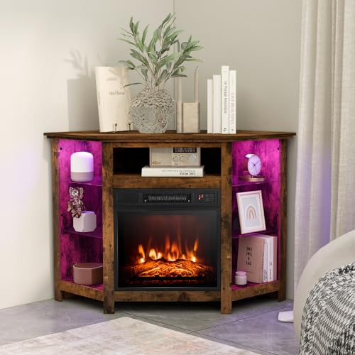 Rustic Brown Fireplace Corner TV Stand with Electric Fireplace N275086