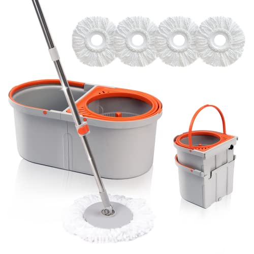 4 Reusable Microfiber Mop Heads Mop and Bucket with Wringer Set E678522