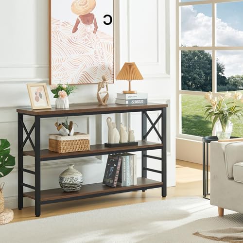 47" Industrial 3-Tier Metal Console Table with Shelves, Brown Z1048