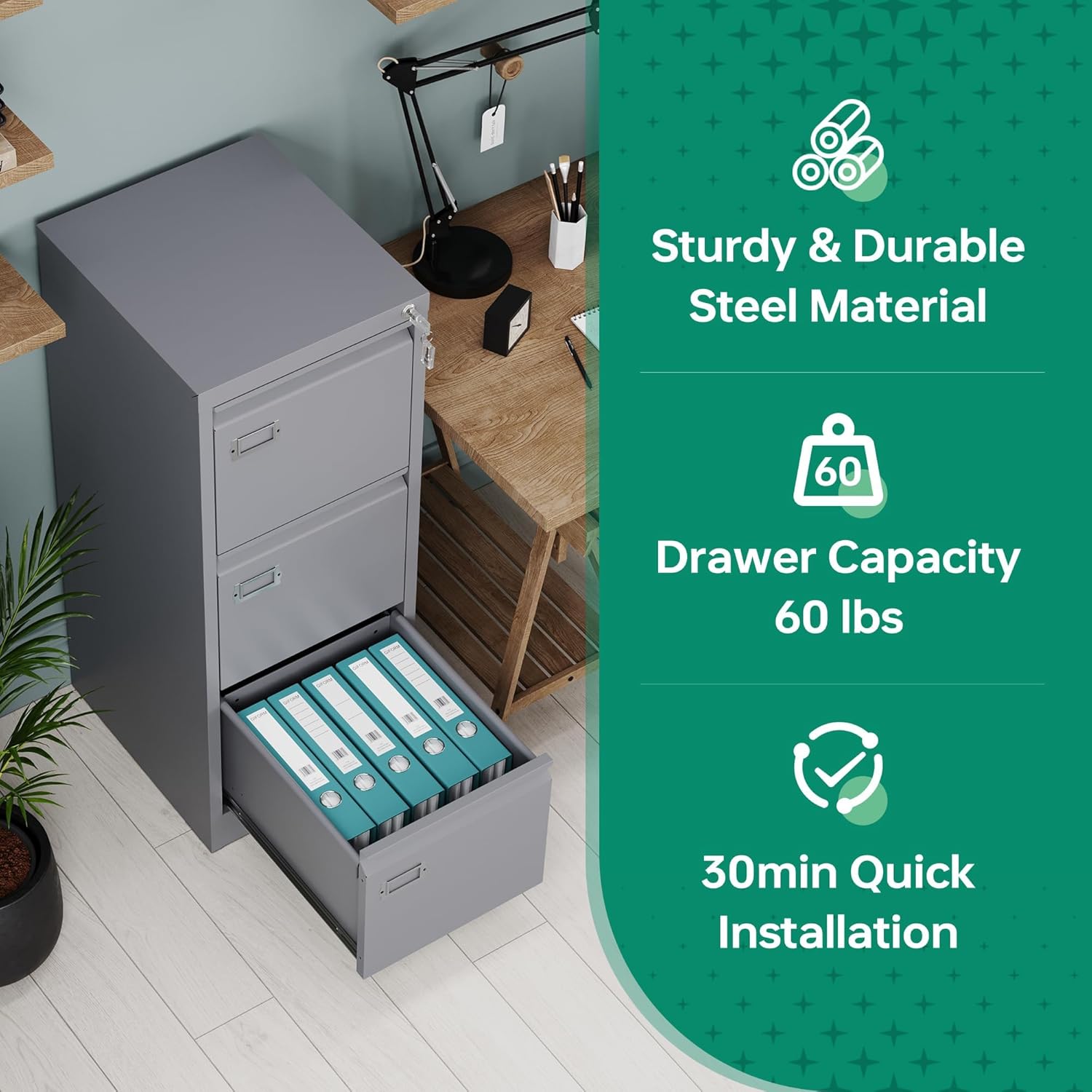 3 Drawer Grey Metal File Cabinet P89041