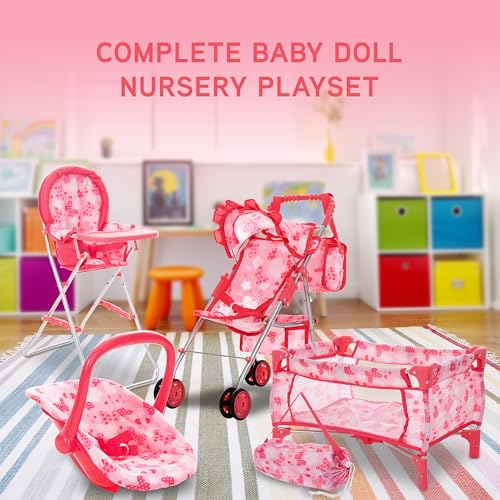 Baby Doll Stroller Bed and Seat Nursery Playset Accessories Furniture Set High Chair Diaper Bag Role Play Deluxe Set O455294