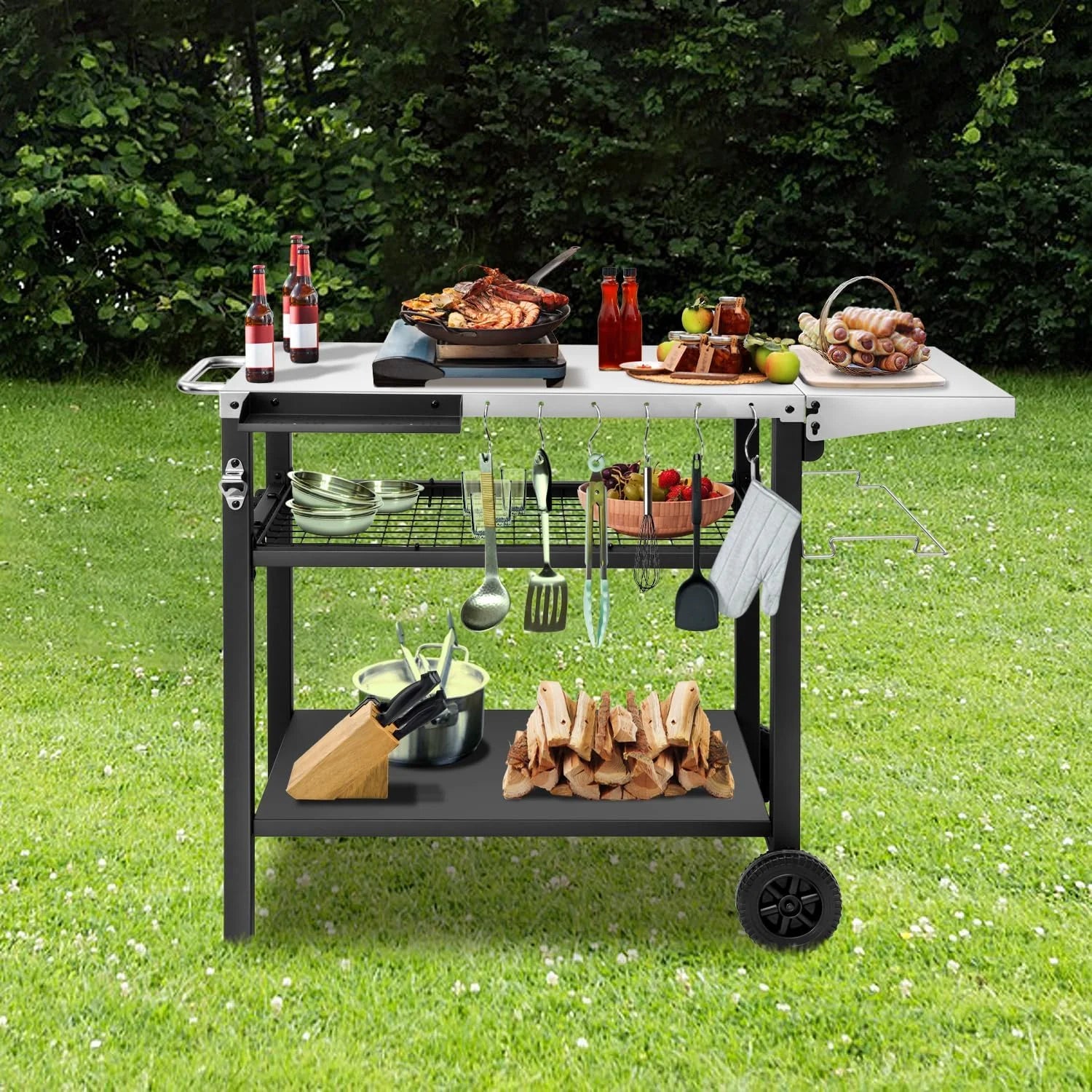 Three-Shelf Stainless Steel Grill Cart Table with Wheels W20580