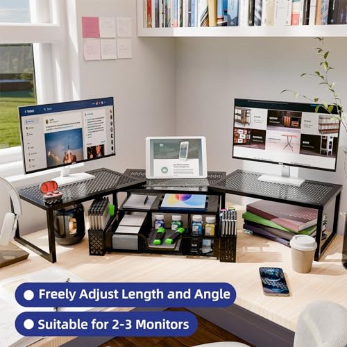 Black Dual Metal Monitor Stand Riser with Drawer and Pen Holder F8890