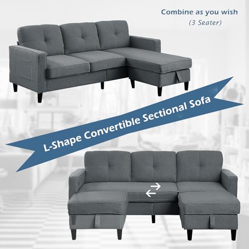 76inch Linen Grey 3 Seater L Shaped Sectional Sofa with Ottoman T166204