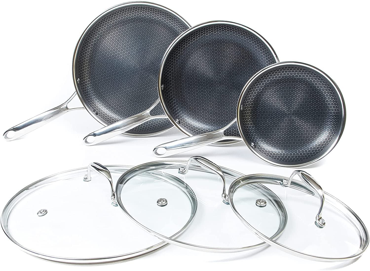6 Piece Hybrid Stainless Steel Non-Stick Cookware Pan Set with Glass Lids U168845
