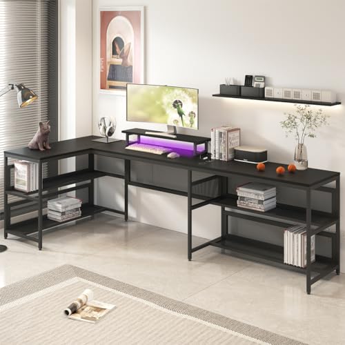 Black U Shaped 82" Computer Desk with LED Lights and Power Outlets N448910
