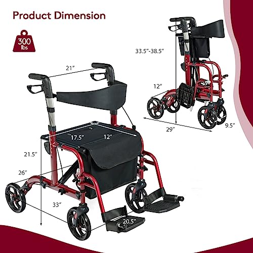 2 in 1 Folding Rollator Walker with Seat, 8-inch Wheel, Aluminium Frame T459861