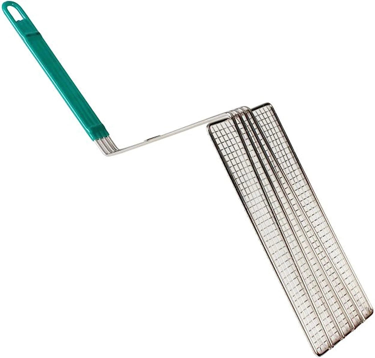 11" x 4-3/4" Rectangular Deep Fry Basket Press Heavy Duty Nickel Plated Iron with Green Coated Handle Q919383