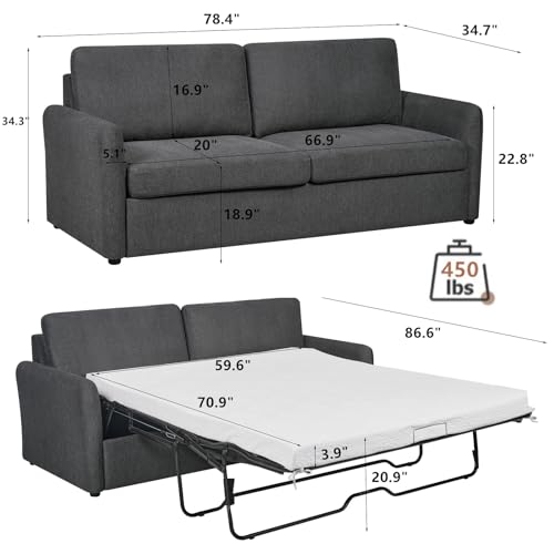 86.6" Queen Sleeper Sofa with Pullout Bed in Dark Grey K69380
