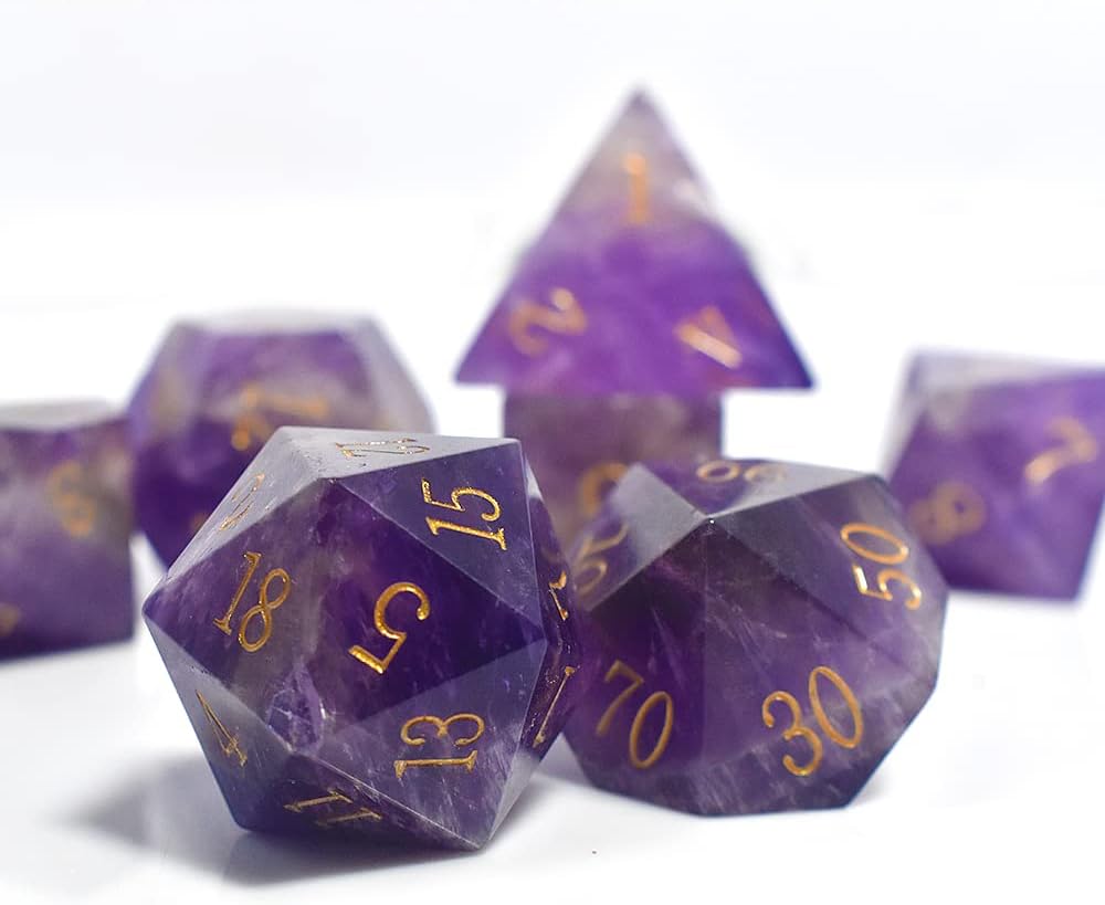 7 Pcs Amethyst Crystal Handmade Polyhedral D&D Dice Set with Metal Box E634