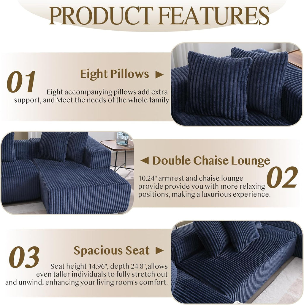 Blue Corduroy Modular Sectional Sofa with 8 Pillows P99253