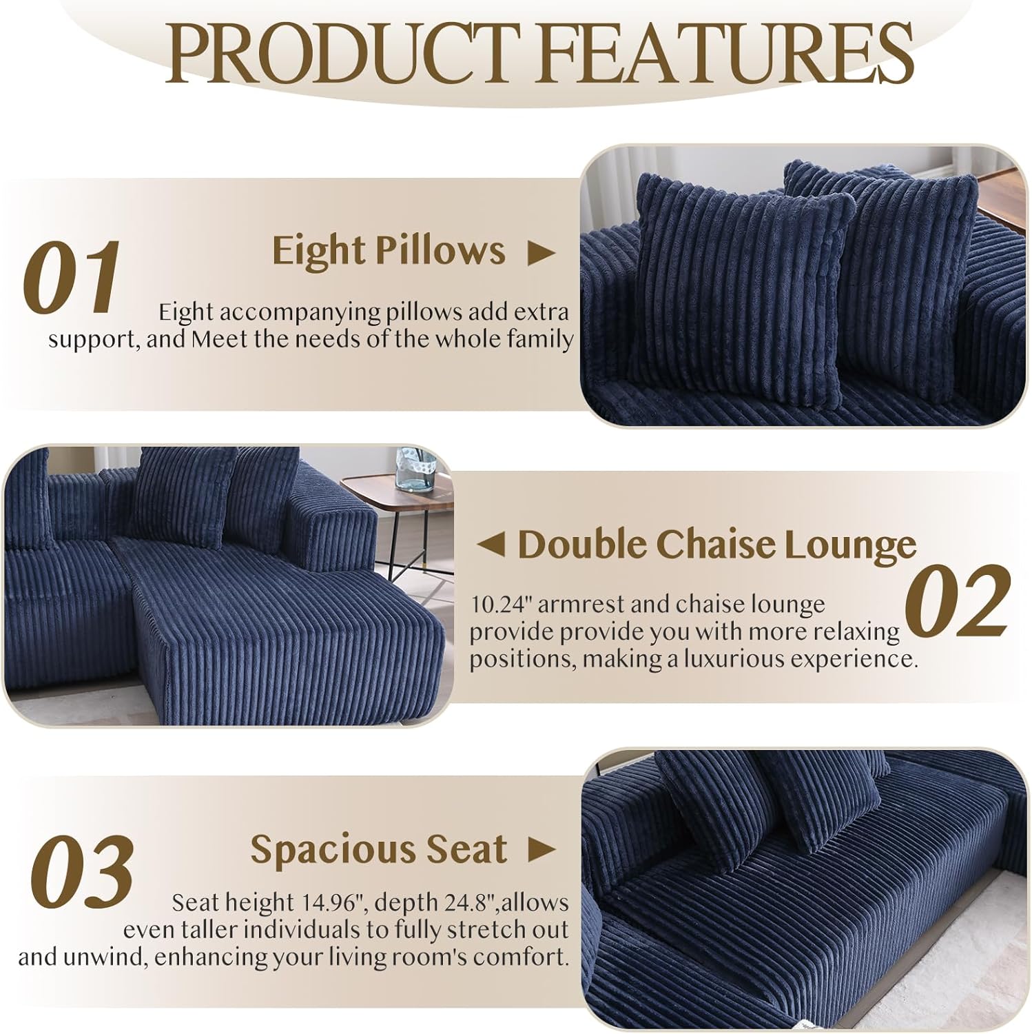 Blue Corduroy Modular Sectional Sofa with 8 Pillows P99253