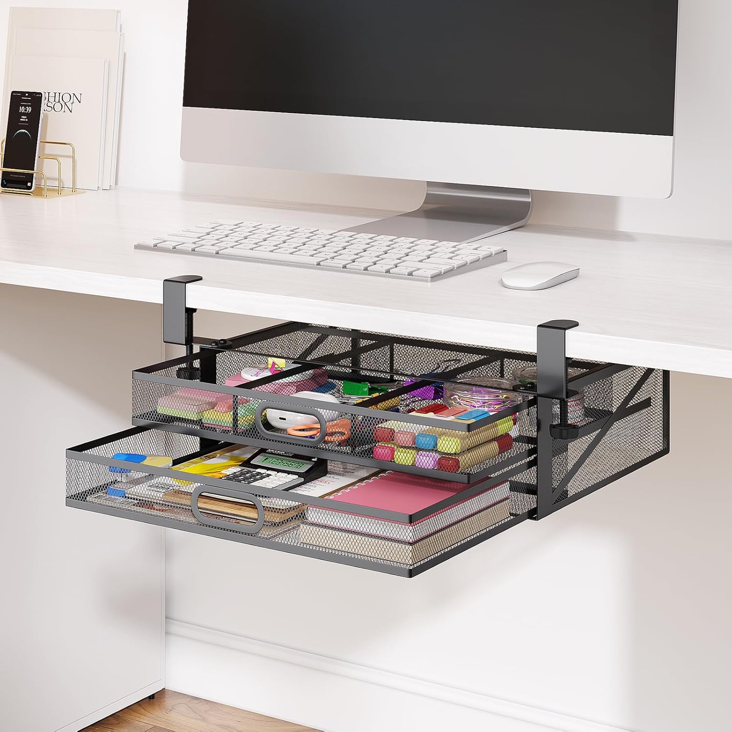 Under Desk 2 Drawer Metal Drawer Organizer Large 15.6x12x4.7 Inches D220