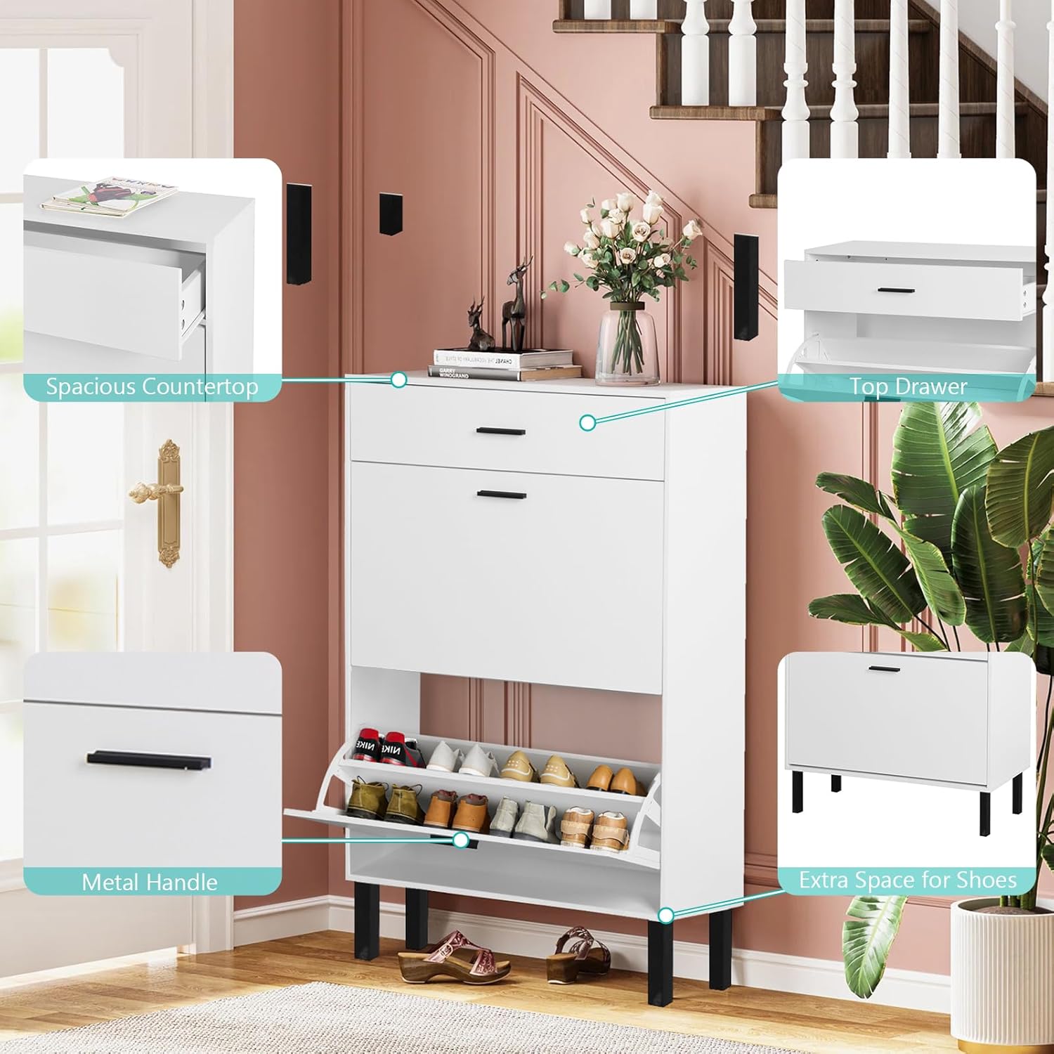 White Wooden Shoe Cabinet with 2 Flip Drawers T302185