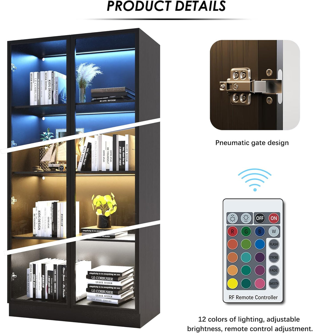 Black 4-Tier Display Cabinet with Glass Doors & Lights M9225