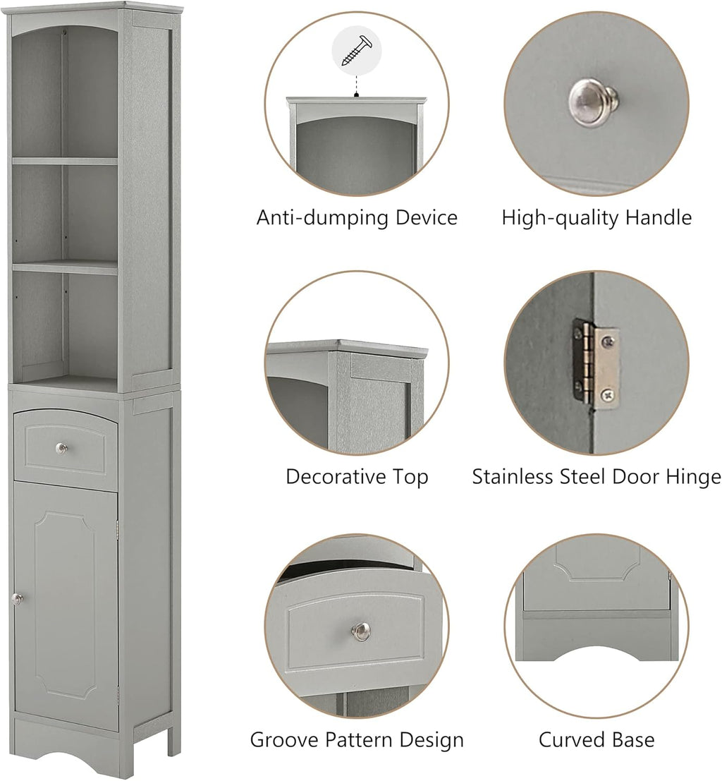 Grey Tall Slim Bathroom Storage Cabinet with 3-Tier Adjustable Shelf and 1 Drawer S365