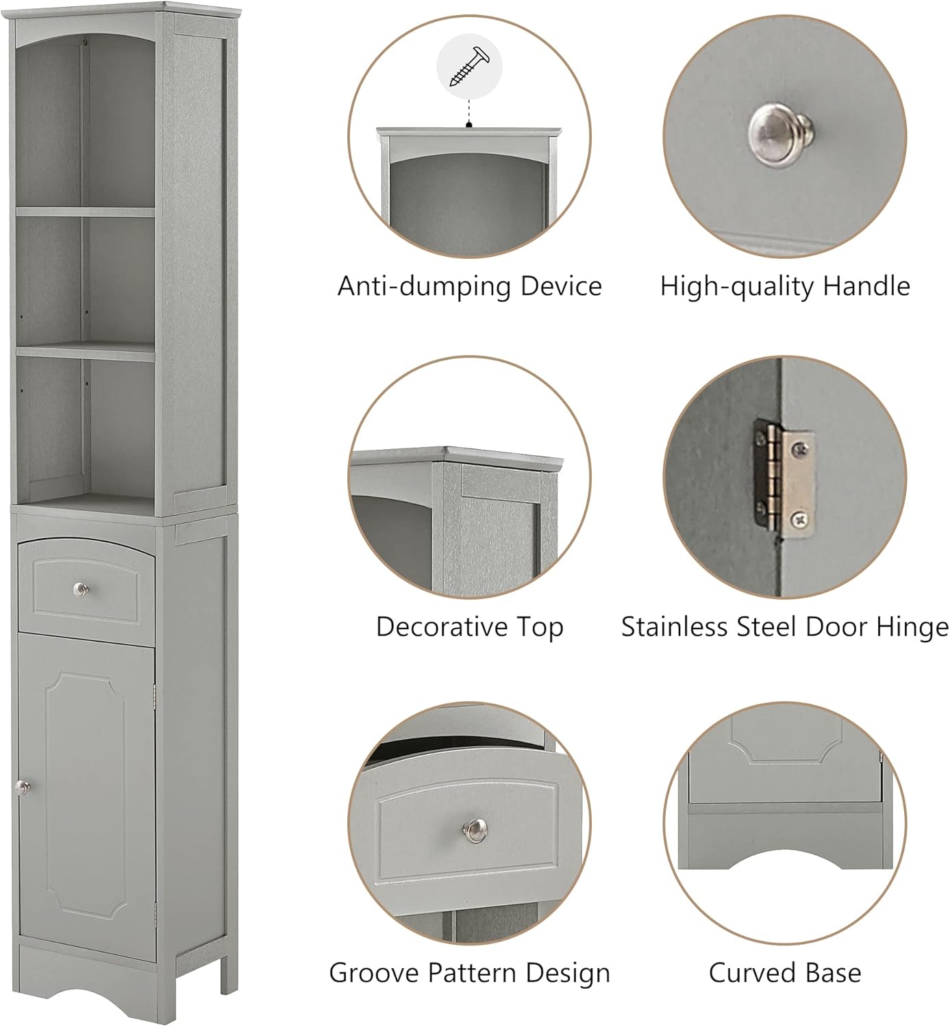 Grey Tall Slim Bathroom Storage Cabinet with 3-Tier Adjustable Shelf and 1 Drawer S365