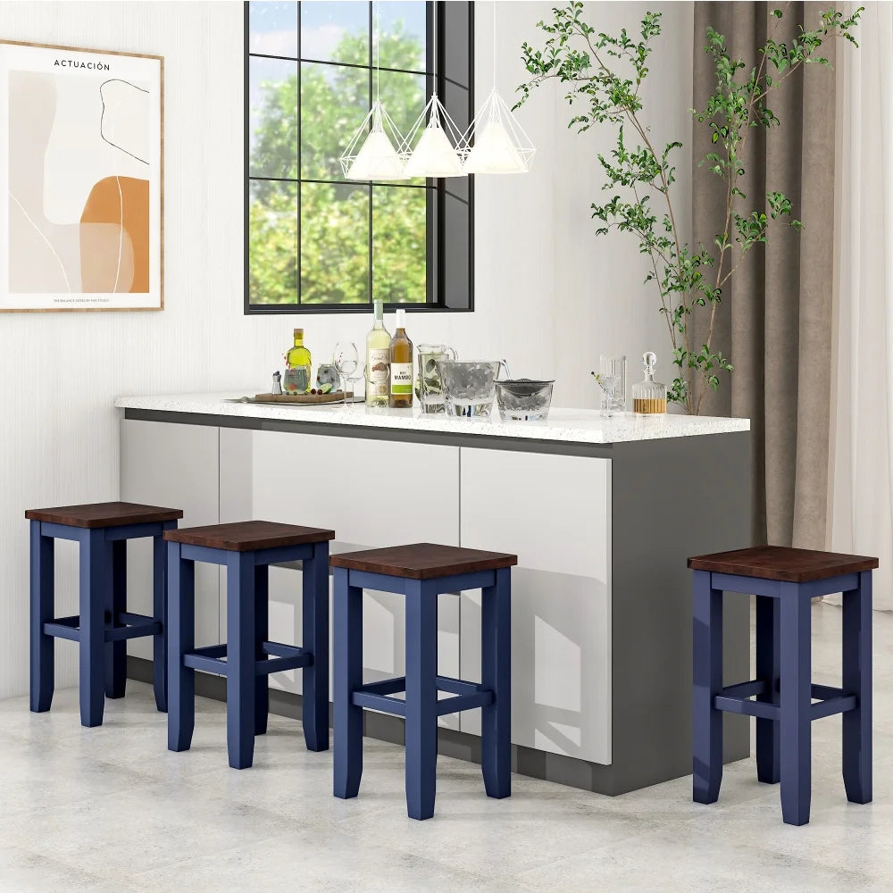 Brown and Blue 5-Piece Counter Height Dining Set with 4 Stools and Square Wood Table W703